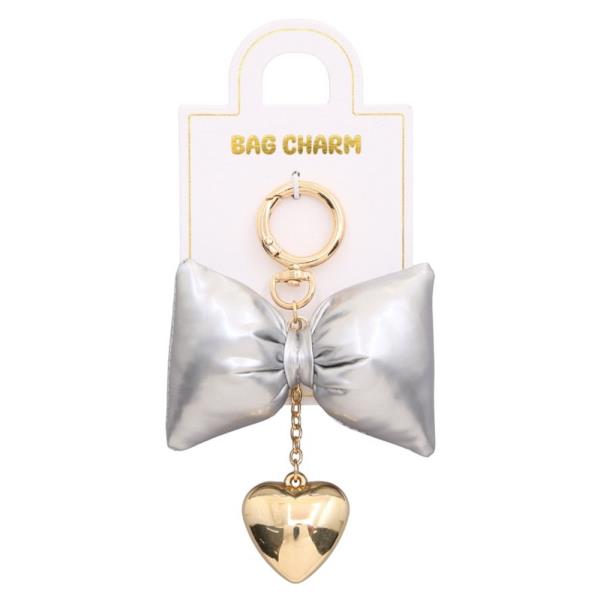 RIBBON METAL PADDED HEART BAG CHARM KEYCHAIN