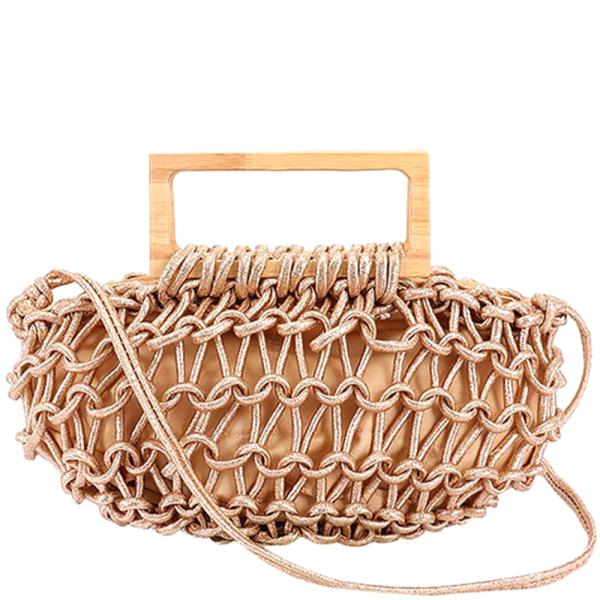 HANDMADE METALLIC WOOD HANDLE TOTE BAG