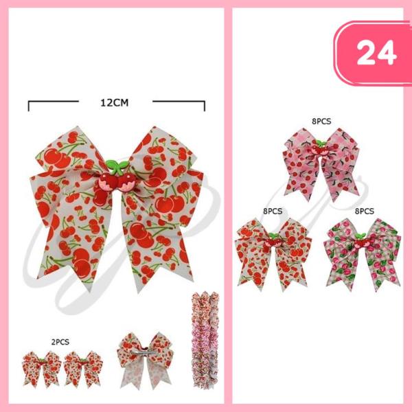 CHERRY RIBBON HAIR BOW PIN (12 UNITS)