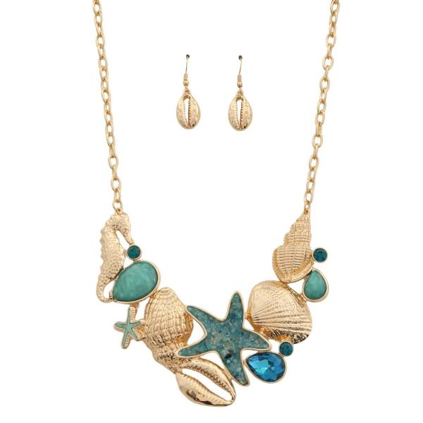 SEA LIFE SHELL AND STARFISH NECKLACE SET WITH TURQUOISE STONES