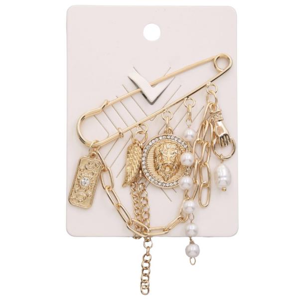 LION HEAD COIN PEARL BEAD MULTI CHARM BROOCH