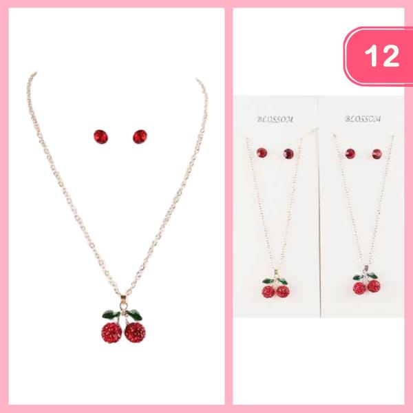 CHERRY PENDANT NECKLACE EARRING SET (12 UNITS)