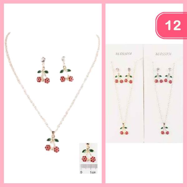 RHINESTONE CHERRY PENDANT NECKLACE EARRING SET (12 UNITS)