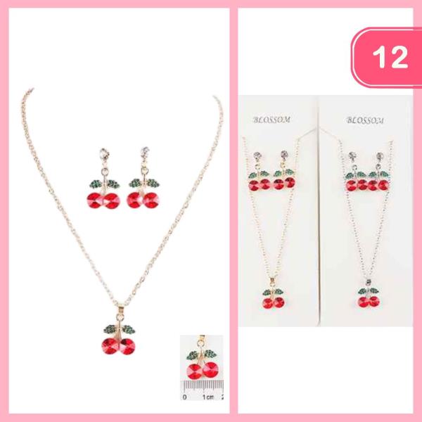 CHERRY PENDANT NECKLACE EARRING SET (12 UNITS)