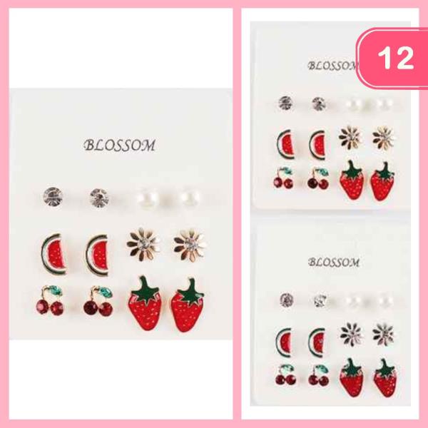 FRUIT FLOWER PEARL POST EARRING SET (12 UNITS)