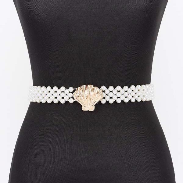 FAUX PEARL METAL SHELL BUCKLE STRETCH BELT