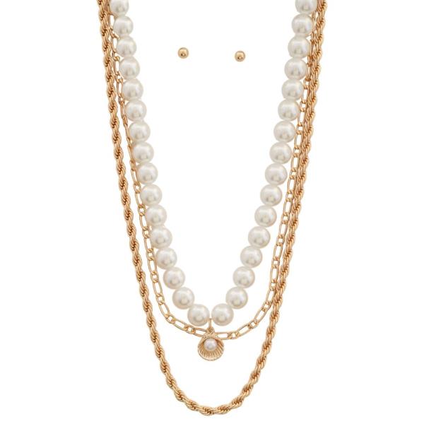 LAYERED SEASHELL PENDANT CHAIN PEARL NECKLACE