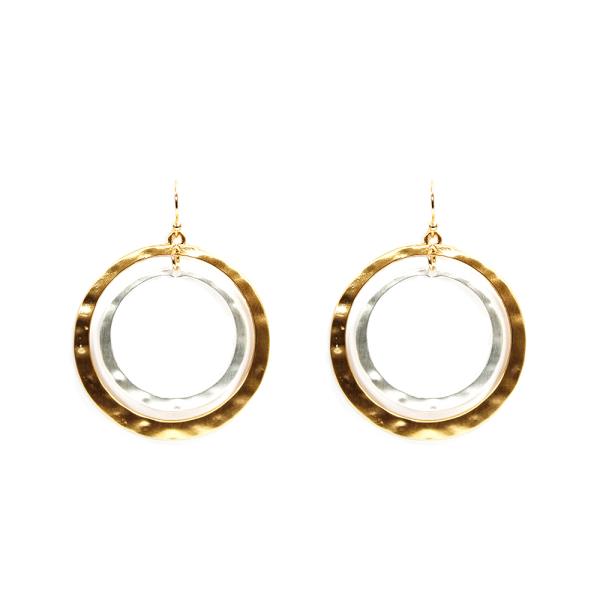 2 TONE HAMMERED TWO CIRCLE DANGLE EARRING