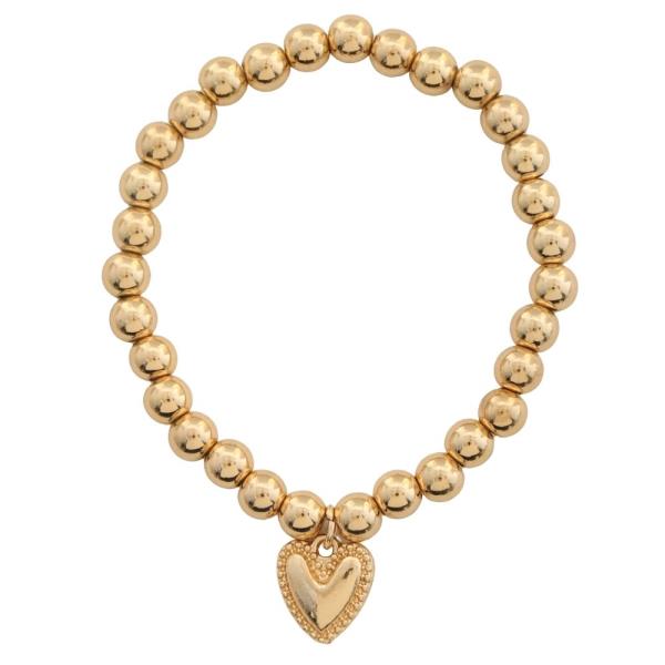STRETCH GOLD BEAD BRACELET WITH TEXTURED HEART CHARM
