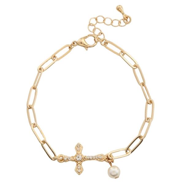 GOLD CHAIN BRACELET WITH CRYSTAL CROSS AND PEARL CHARM