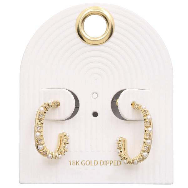 RHINESTONE PEARL BEAD OPEN OVAL 18K GOLD DIPPED EARRING