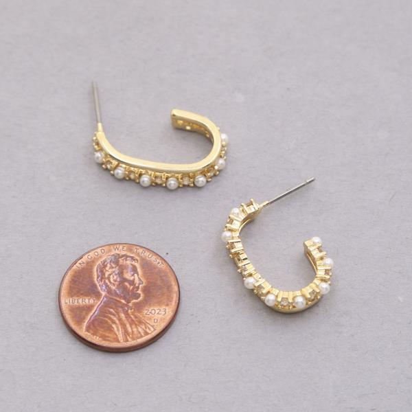 RHINESTONE PEARL BEAD OPEN OVAL 18K GOLD DIPPED EARRING