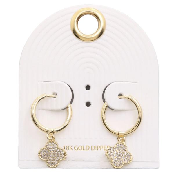 RHINESTONE CLOVER CHARM HUGGIE 18K GOLD DIPPED EARRING