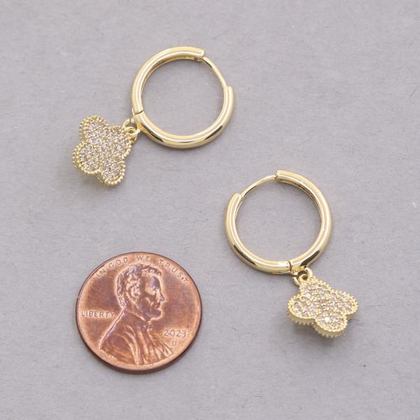 RHINESTONE CLOVER CHARM HUGGIE 18K GOLD DIPPED EARRING