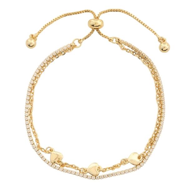 18K BRASS RHINESTONE HEART CHAIN LINK BRACELET