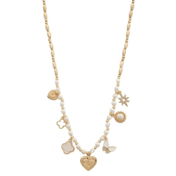 HEART CLOVER BUTTERFLY CHARM PEARL STRAND NECKLACE
