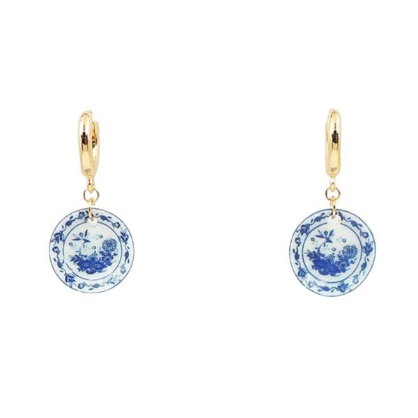 BLUE PRINT PLATE CHARM HUGGIE HOOP EARRING