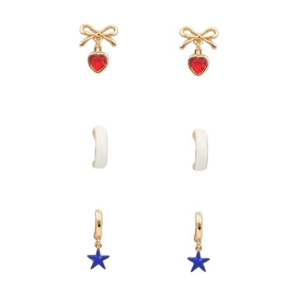 RED WHITE BLUE BOW AND STAR CHARM EARRING 3 PAIR SET