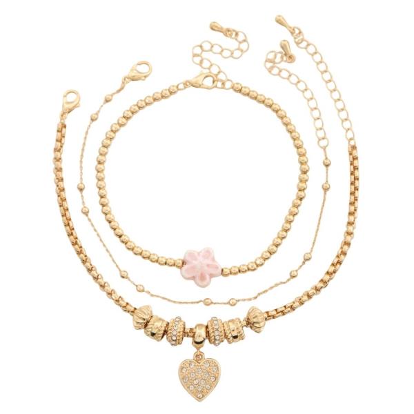 HEART CHARM RONDELL CHAIN BRACELET 3 PC SET