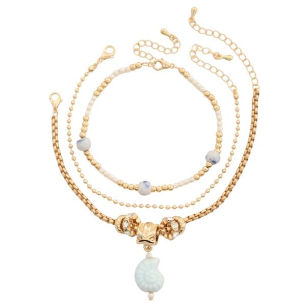 SEASHELL CHARM METAL BEAD CHAIN BRACELET 3 PC SET