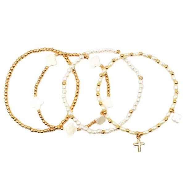 4PCS MOP CLOVER STRETCH BRACELET SET