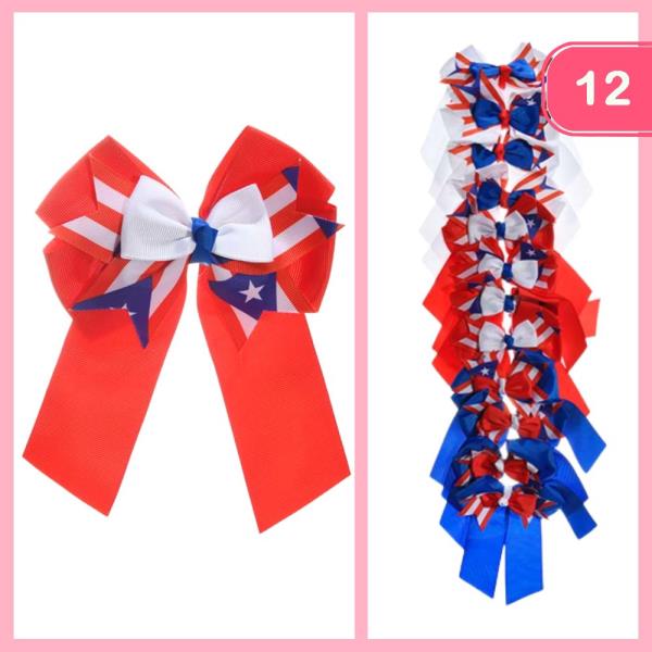 LONG TAIL RIBBON FOURTH OF JULY HAIR BOW PIN (12 UNITS)