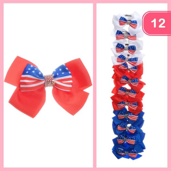 RIBBON FOURTH OF JULY HAIR BOW PIN (12 UNITS)