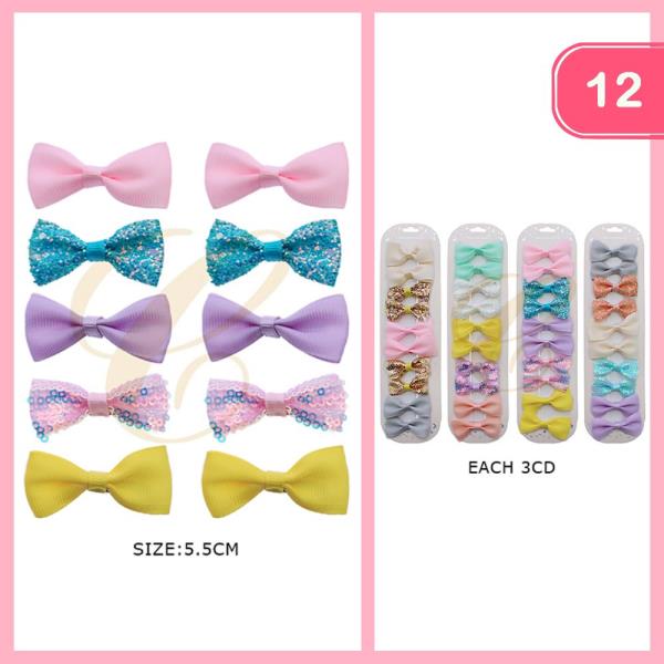 RIBBON GLITTER SEQUIN HAIR BOW PINS (12 UNITS)