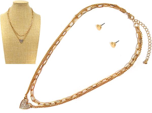 DAINTY HEART CHARM OVAL LINK LAYERED NECKLACE
