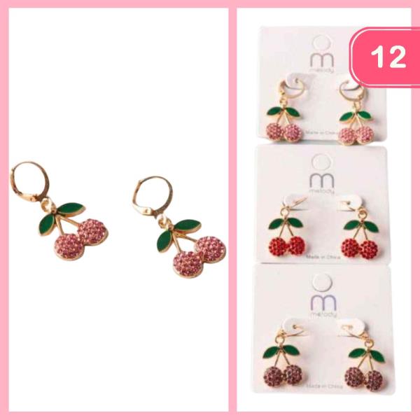 RHINESTONE CHERRY DROP HUGGIE EARRING (12 UNITS)
