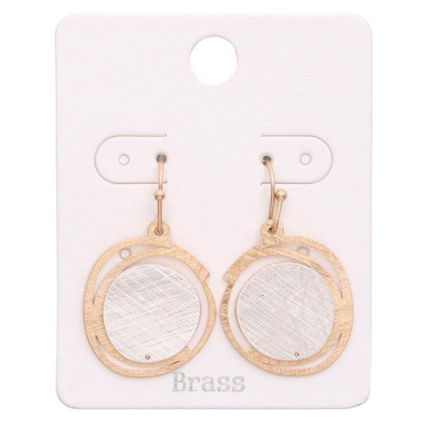 TWO TONE BRUSHED METAL ROUND DANGLE EARRING