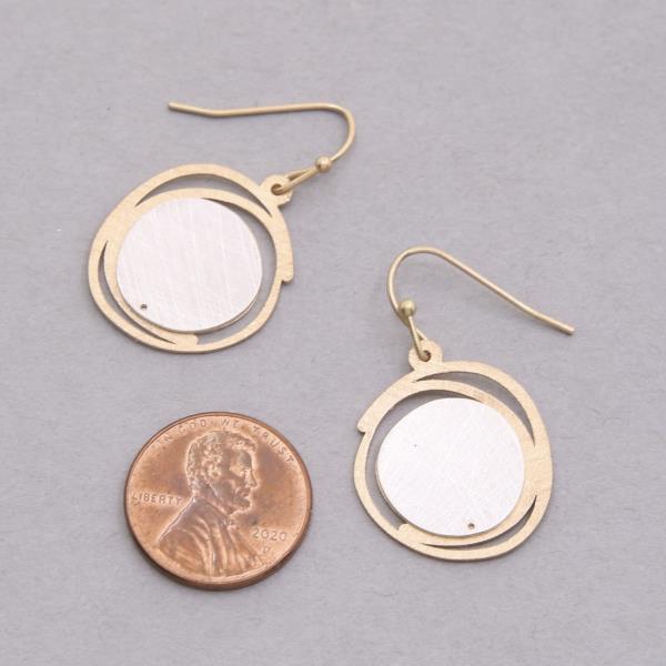 TWO TONE BRUSHED METAL ROUND DANGLE EARRING