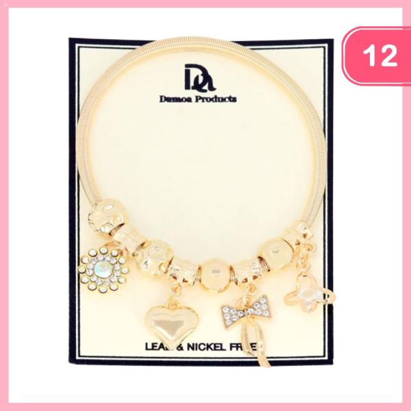 HEART BOW RHINESTONE CHARM BRACELET (12 UNITS)