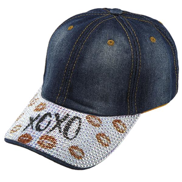 XOXO KISS THEMED RHINESTONE DENIM BASEBALL CAP HAT