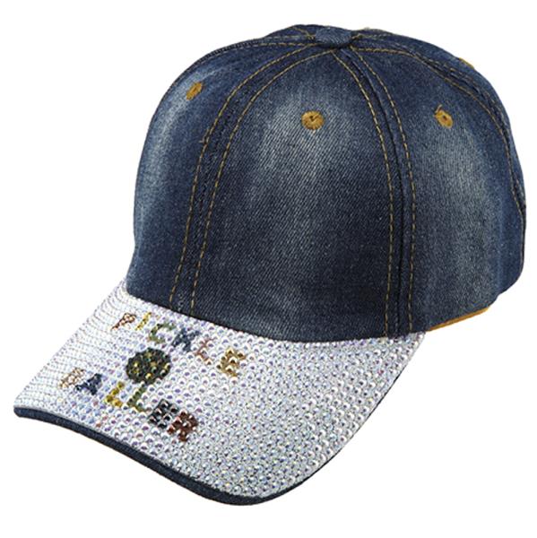 PICKLE BALLER THEMED RHINESTONE DENIM BASEBALL CAP HAT