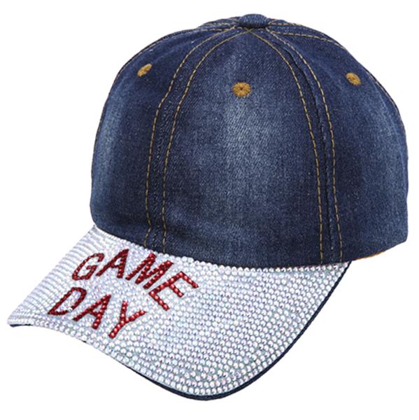 GAME DAY THEMED RHINESTONE DENIM BASEBALL CAP HAT