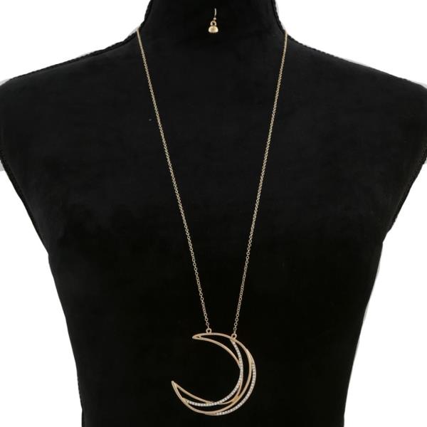 RHINESTONE METAL CRESCENT PENDANT LONG NECKLACE EARRING SET