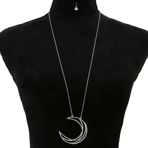RHINESTONE METAL CRESCENT PENDANT LONG NECKLACE EARRING SET
