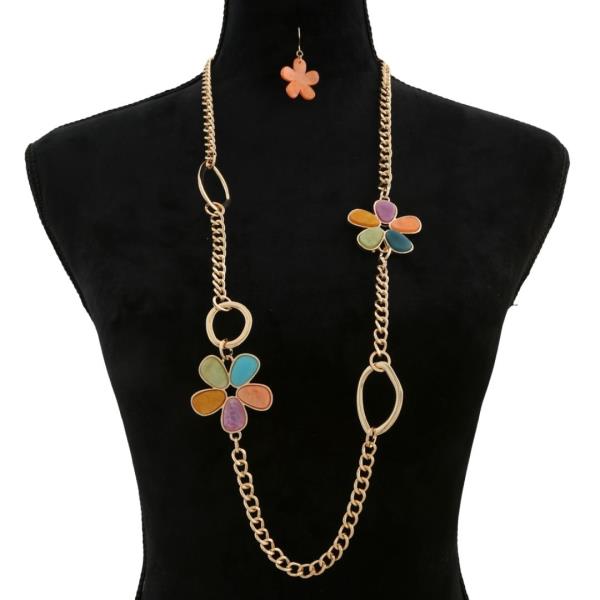 METAL CHAIN FLOWER LONG NECKLACE EARRING SET