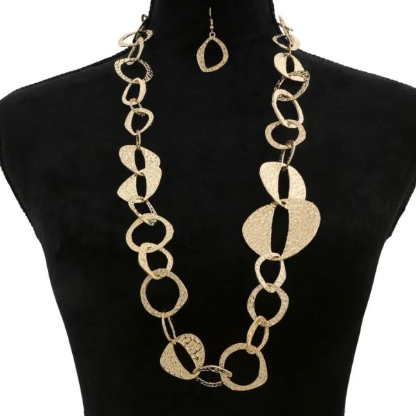 TEXTURED METAL ROUND LINK LONG NECKLACE EARRING SET