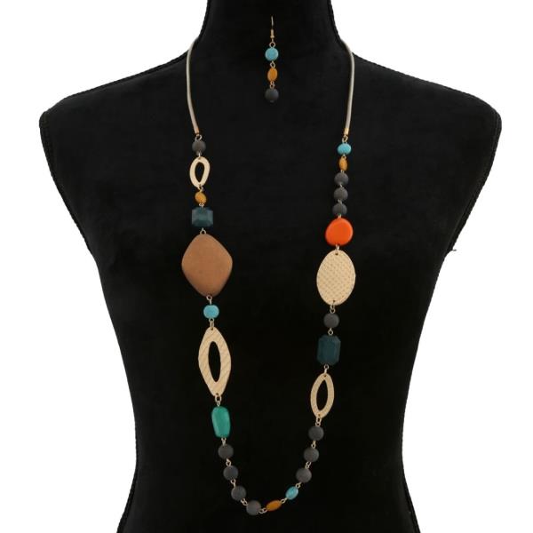 MULTI STONE MIX BEAD LONG NECKLACE EARRING SET