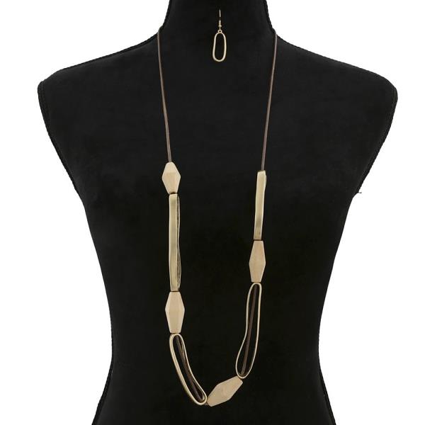 WOOD METAL MIX LONG NECKLACE EARRING SET