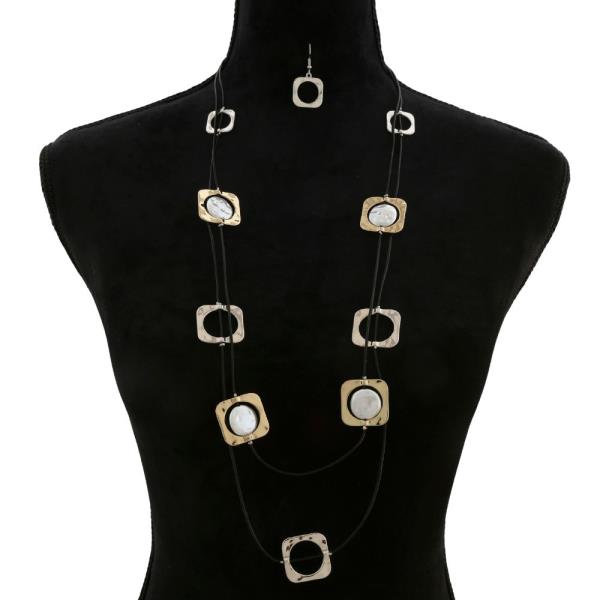 SQUARE ROUND STATION CORD LONG NECKLACE EARRING SET