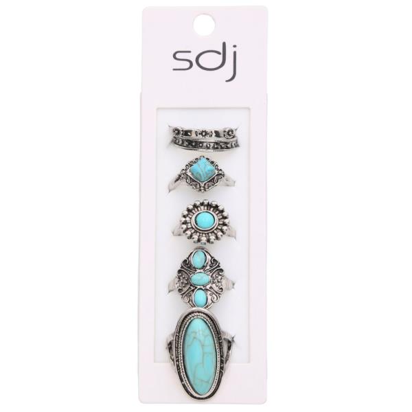SDJ WESTERN STYLE TURQUOISE BEAD ASSORTED RING SET