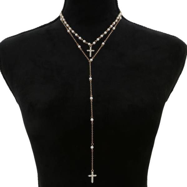 SDJ DAINTY CROSS CHARM Y SHAPE PEARL BEAD NECKLACE