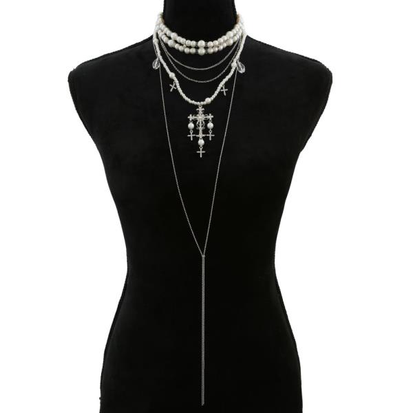 SDJ CROSS PEARL BEAD LAYERED NECKLACE