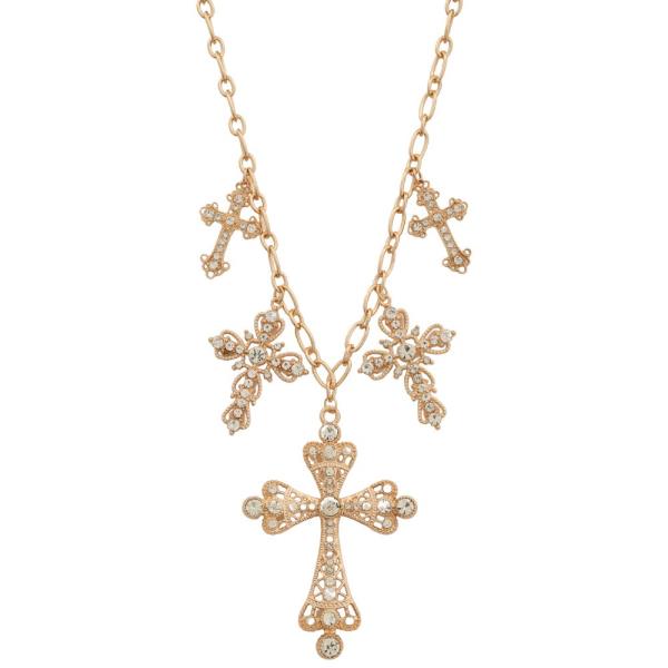 SDJ CROSS RHINESTONE MULTI CHARM METAL NECKLACE