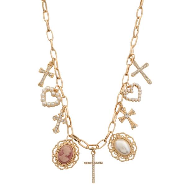 SDJ CROSS HEART MULTI CHARM STATION METAL NECKLACE