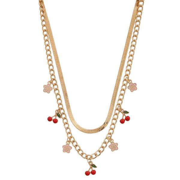 SDJ DANITY CHERRY CHARM FLOWER CHAIN LINK LAYERED NECKLACE