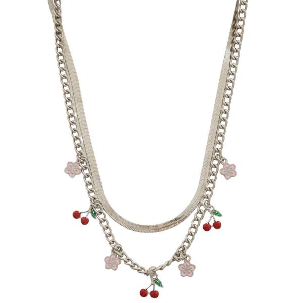 SDJ DANITY CHERRY CHARM FLOWER CHAIN LINK LAYERED NECKLACE